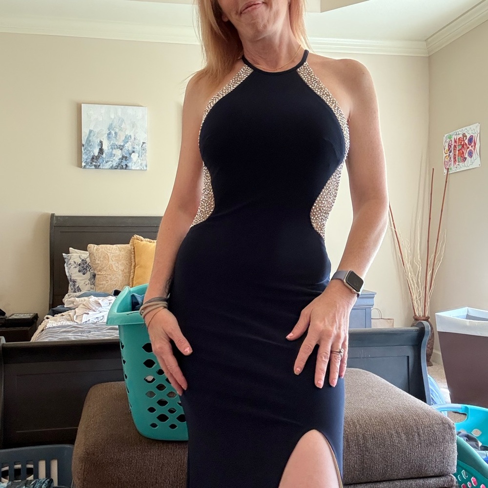 Elegant Navy Blue Dress with Silver Accents